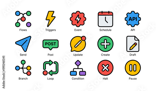 Workflow automation icons showing triggers schedule api on white