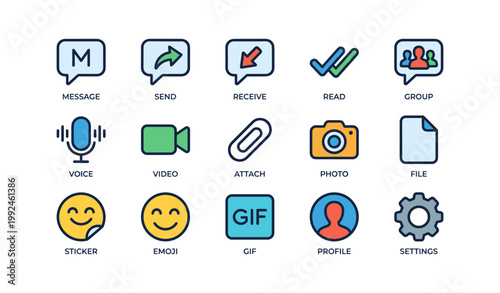 Messaging and communication icons arranged in grid on white background