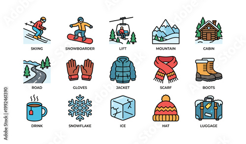 Winter sports and gear icons showing skiing and mountain on white background