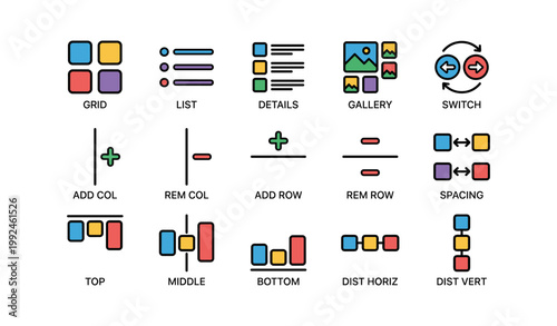 Interface layout icons showing grid and list controls on white