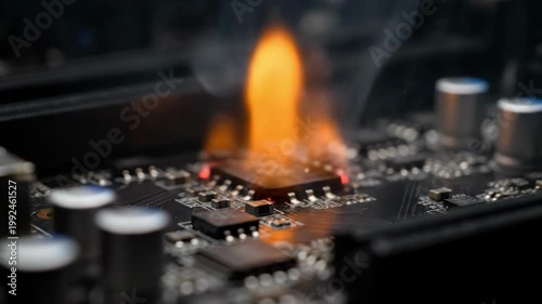 Close-up of a computer chip on a circuit board catching fire and smoking due to overheating.