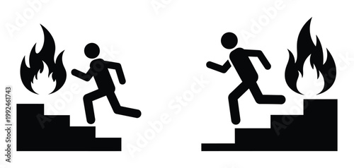 Emergency exit sign people running from flames on stairs