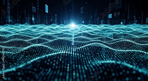 Dynamic futuristic digital data landscape with undulating blue glowing particles, symbolizing advanced technology, big data, artificial intelligence, and a connected information network