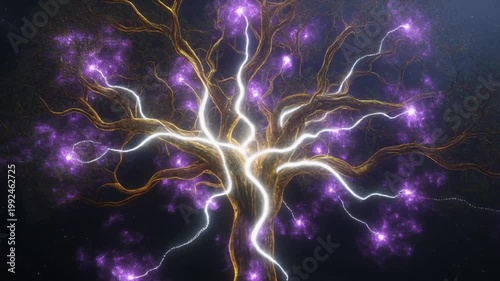A glowing tree's branches are filled with purple energy, illuminated by white lightning, against a dark sky