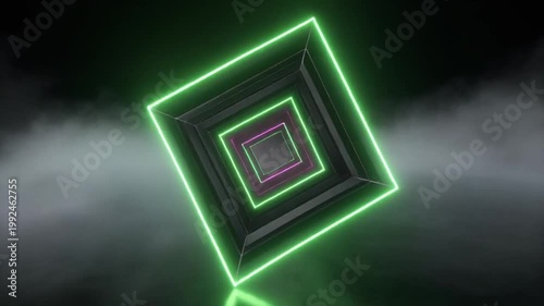 A neon-lit tunnel of squares in alternating colors against a dark background with fog
