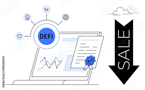 Financial technology, blockchain, cryptocurrency, digital contracts, decentralized systems, market analysis. Laptop with DeFi icon, document and discount arrow. Financial technology and blockchain