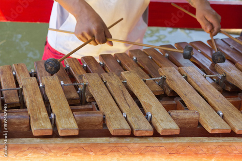 MUSICO TOCANDO LA MARIMBA SOBRE TRAJINERA EN XOCHIMILCO