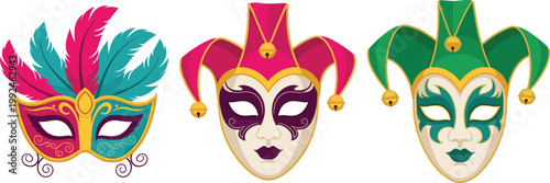 Collection of vibrant carnival masks featuring traditional jester and feathered designs, perfect for celebration.