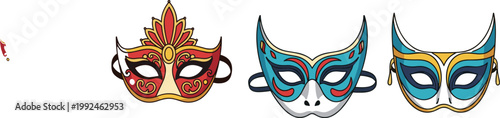 Collection of decorated Venetian carnival masquerade masks for festive events and parties