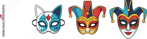 Carnival masks collection featuring cat jester and venetian designs for party celebration and masquerade event themes