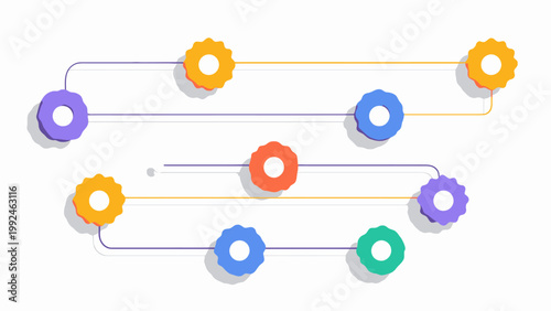 Dynamic workflow process system with interconnected colorful gears, illustrating business operations, teamwork, and technological advancement in a modern flat design