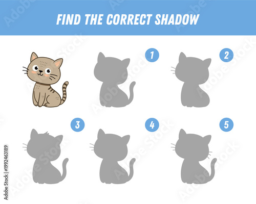 Find correct shadow of cute kitten. Educational logical game for kids. Cartoon cat. Vector illustration