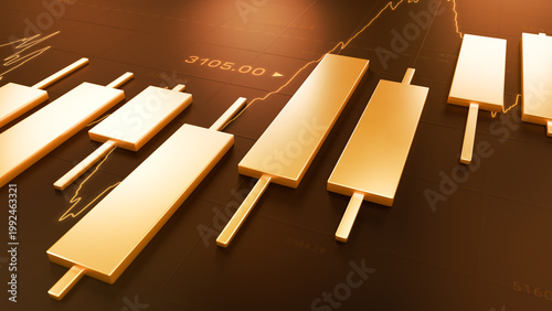 Konstfotografi Golden candlestick bar floating with technical line chart, gold trading investme
