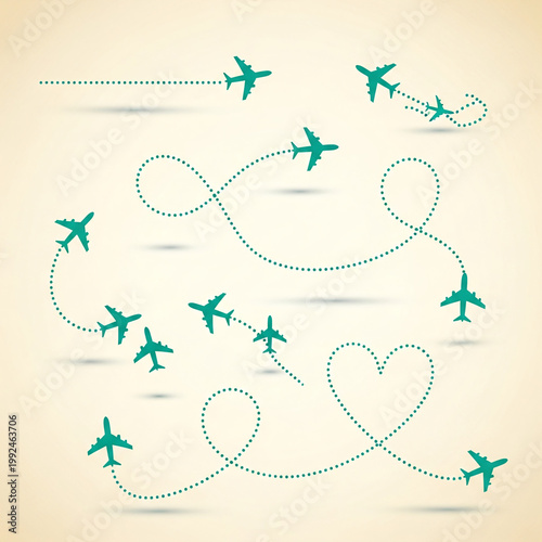 Airplane Flight Paths Heart Shapes Teal Vector Background