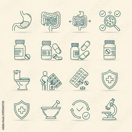 Digestive Health Medical Icon Set Stomach Intestine Medicine Laboratory