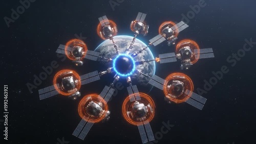Space station with orbital satellites surround planet earth in space. Solar panels in the vast universe