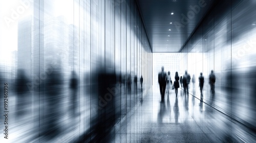 Silhouetted figures move rapidly through a modern, brightly lit corporate corridor with motion blur effects
