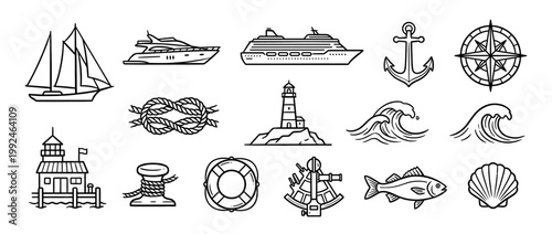 Nautical Navigation Elements Set: Sailboat Yacht Cruise Ship Lighthouse Waves