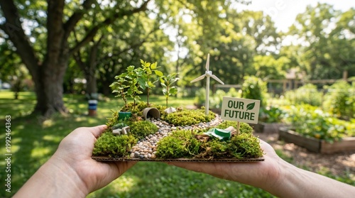 Miniature Eco Park With Tree On Hand
