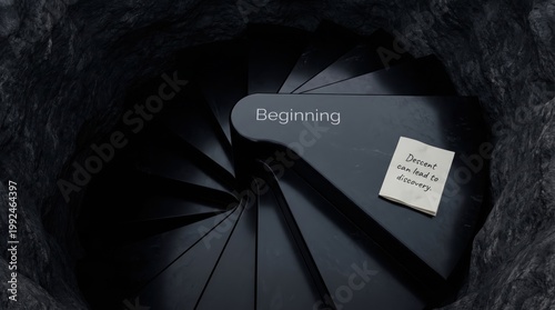 Minimal layout of a spiral staircase with beginning and discovery notes