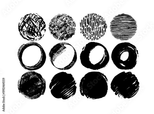 Hand drawn brush and pencil round vector set. Crayon stroke black round shapes. Various style doodled, scribbled and painted monochrome circles. Artistic graphic resources.