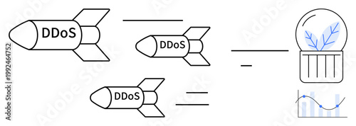 Cybersecurity, data protection, network attacks, online threats, internet safety, technology vulnerability. Rockets labeled DDoS targeting digital elements. Cybersecurity and data protection concept