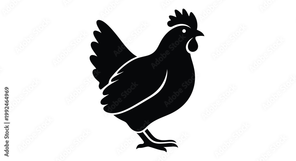 Fototapeta premium A simple black silhouette of a rooster standing in profile against a white background