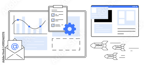 Cybersecurity, DDoS protection, data analytics, process optimization, online security, IT management. Visuals include analytical charts, email icon gear symbol and DDoS threats. Cybersecurity