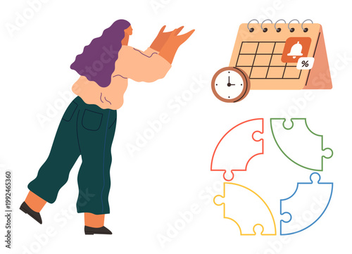 Productivity, time management, organization, planning, problem-solving, teamwork. A woman reaching forward, a calendar with a clock and interlocking puzzle pieces. Productivity and time management