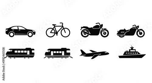 Black silhouettes of various transportation vehicles including cars bikes and planes