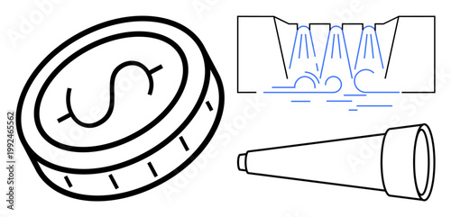 Financial planning, water management, astronomy, education, technology, engineering. Coin with dollar sign, water flow diagram telescope in simple graphics. Financial planning and water management