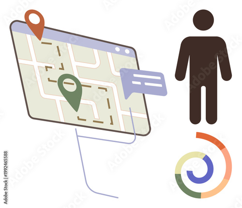 GPS systems, digital navigation, route planning, travel assistance, geolocation, urban mapping. Map with location pins, message bubble human figure colorful circular diagram. GPS systems