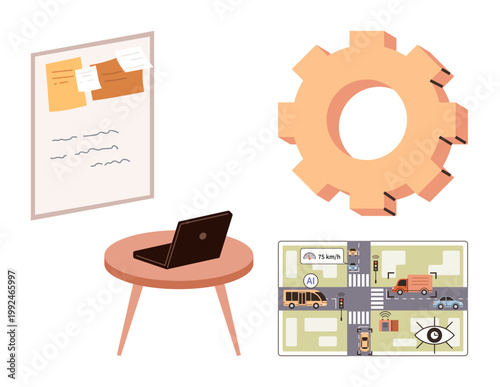 Business planning, innovation, automation, smart cities, artificial intelligence, collaboration. A laptop, bulletin board gear and city map with AI components. Business planning and innovation