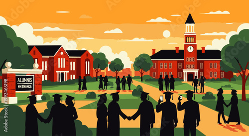 University campus scene with students in graduation gowns shaking hands and walking in front of brick buildings representing alumni homecoming and academic community gathering on a png. ai generated