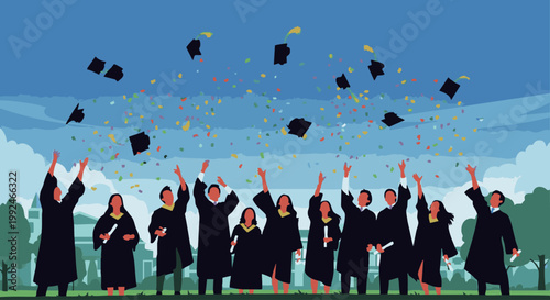 Happy graduates throwing their caps into the air with colorful confetti against a bright blue sky and university buildings in the background, representing academic success, and png. ai generated