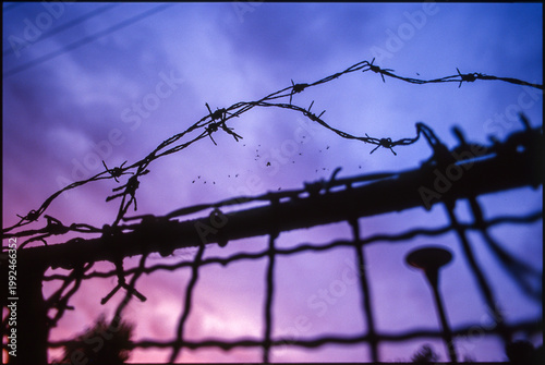 Barbed wire fence against a sky