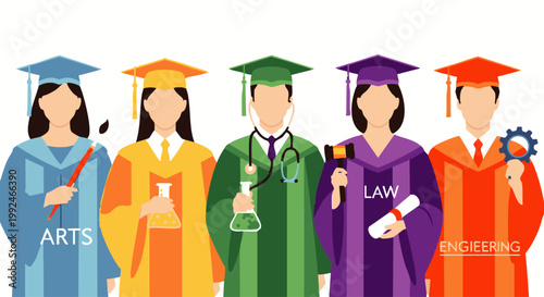 Group of graduates representing different academic disciplines with symbolic and colorful gowns graduation png. ai generated