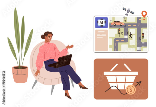 Artificial intelligence, smart traffic, e-commerce, digital economy, technology trends, remote work. Woman using a laptop. Artificial intelligence and smart traffic management concept