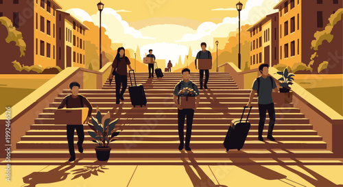 Group of students moving into university dormitories carrying cardboard boxes and luggage up a large staircase during a sunny day for college life and academic transition concepts png. ai generated