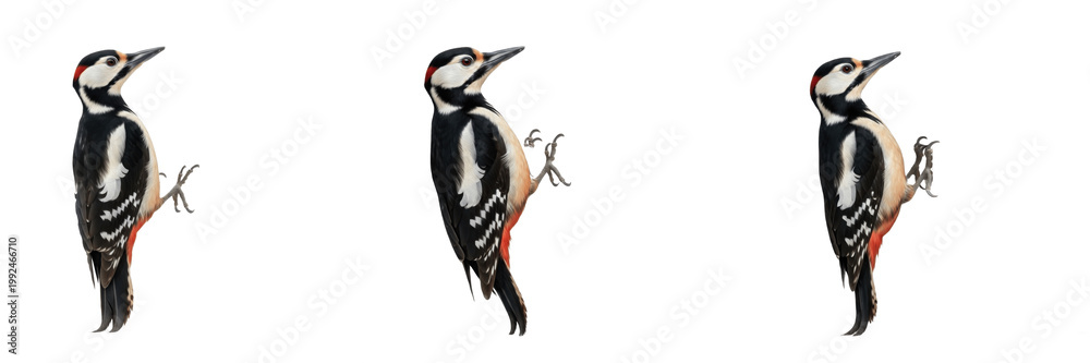 Naklejka premium Great Spotted Woodpecker - Dendrocopos major - Pic épeiche - Pico picapinos - Forest Bird SEO Title - Drumming Bird on Tree Trunk in Woodland Wildlife Photography - Common Garden Bird Portrait Photo