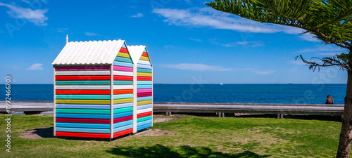 Vibrant beach huts stand against a clear blue sky, offering a striking contrast to the green grass and deep blue ocean. A palm tree frames the right side of the image, adding a tropical touch.