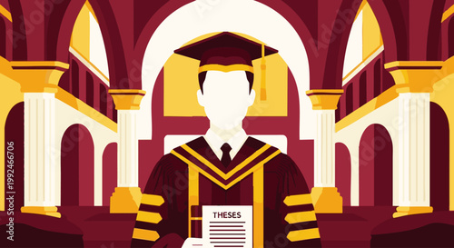 Of a faceless graduate wearing academic regalia and a mortarboard cap, standing in front of a grand university hall with classical columns and arches, holding a document titled png. ai generated