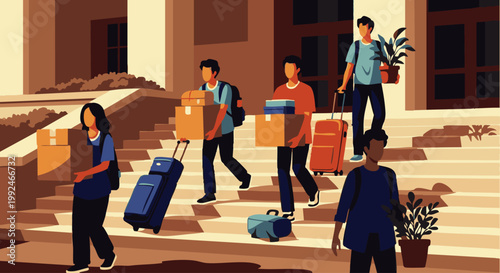 Students moving into a university dormitory carrying cardboard boxes, suitcases, and potted plants while walking down the stone steps of a large campus building on a sunny day in a png. ai generated