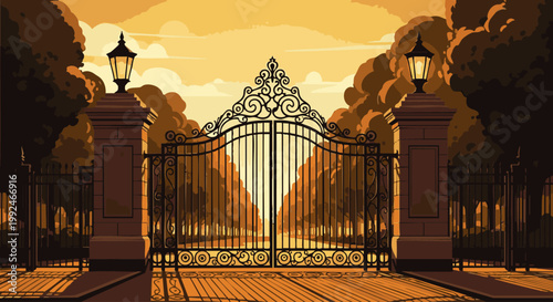 Ornate wrought iron gates of a prestigious university entrance framed by lush green trees and vintage street lamps under a warm sunset sky in a detailed digital for academic settings png. ai generated