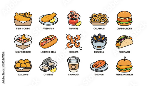 Seafood menu icons arranged in rows on white background