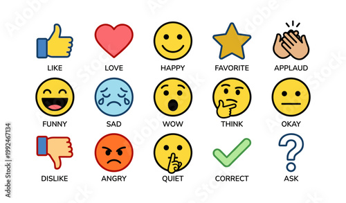 Social reaction and emoji icons arranged in a grid on white background