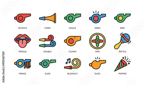 Sound icons showing whistles noisemakers and alert symbols on white