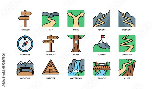 Hiking trail icons arranged in grid on white background