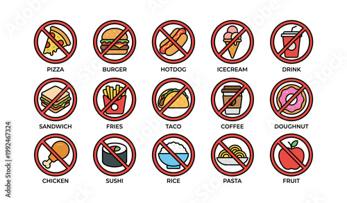 No food and drink prohibition icons displayed on white background