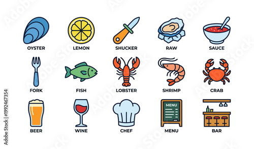 Seafood and bar icons arranged in grid on white background